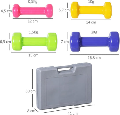 HOMCOM Juego De 8 Mancuernas Portátil 4 Pares De 0.5Kg 1 Kg 1.5 Kg 2Kg Caja Exterior Para Gimnasio Ejercicios Entrenamiento En Casa Metal 41X30X8 Cm Multicolor