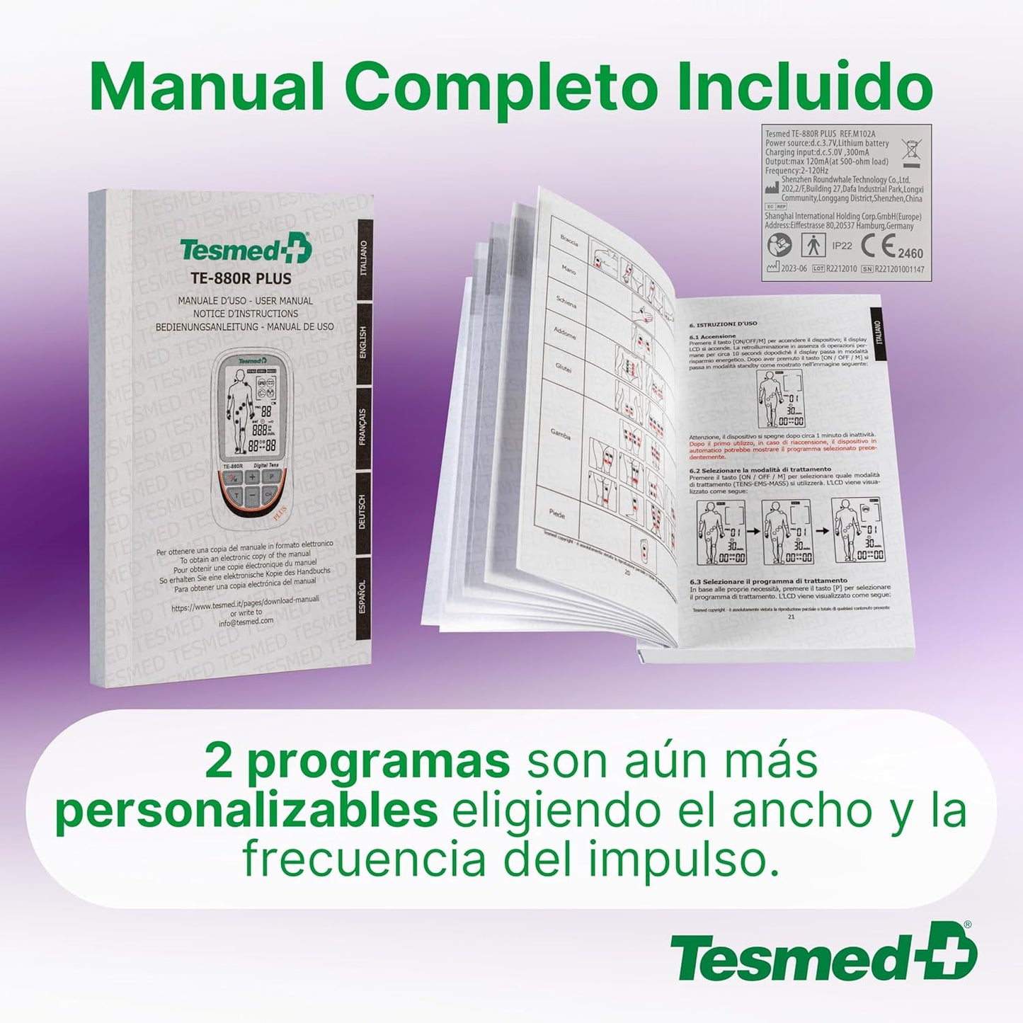 TESMED TE-880R plus Electroestimulador Muscular Recargable, EMS, TENS, Masaje - 73 Programas Incluidos 2 Personalizables - Funciona Con 8 Electrodos