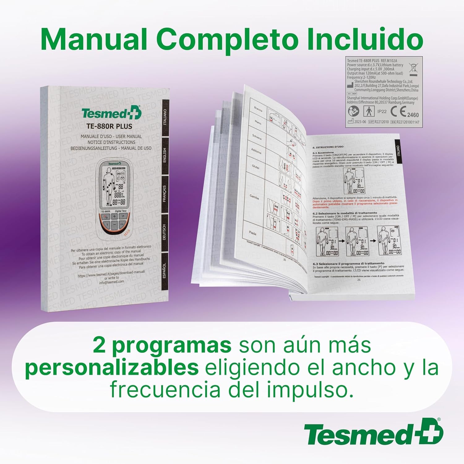 TESMED TE-880R plus Electroestimulador Muscular Recargable, EMS, TENS, Masaje - 73 Programas Incluidos 2 Personalizables - Funciona Con 8 Electrodos