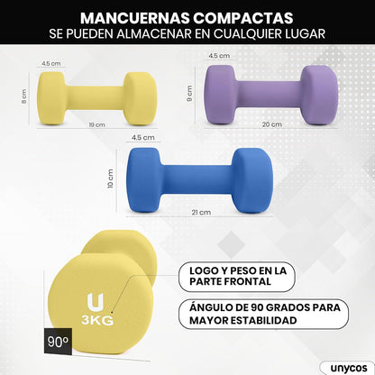 Unycos - Pesas Y Mancuernas Antideslizantes【Hierro | Neopreno】De 1 Kg a 10 Kg - Suaves Al Tacto Para Hombres Y Mujeres, Diseño Ergonómico, Anti-Rodadura, Gimnasio En Casa, Fitness