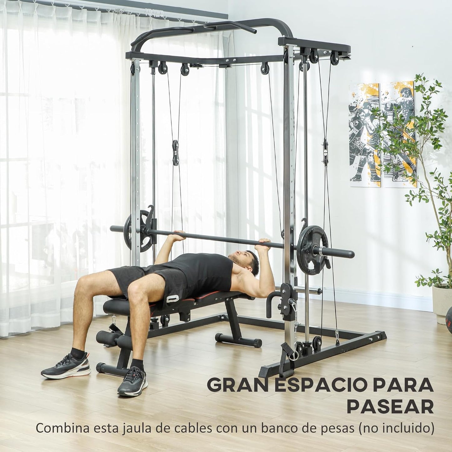 SPORTNOW Smith Machine Multiestación De Musculación Máquina Multifunción De Musculación Con Soporte Para Sentadillas Y Barra Para Pesas Para Entrenamiento Fitness En Hogar Negro