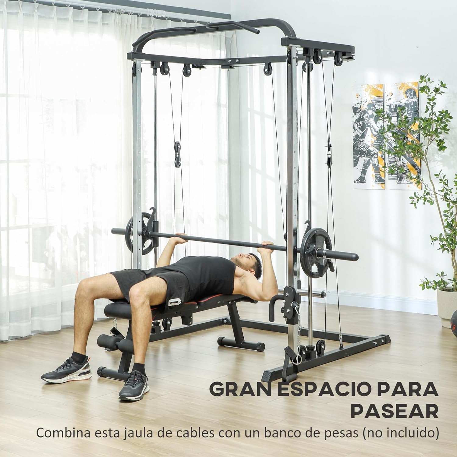 SPORTNOW Smith Machine Multiestación De Musculación Máquina Multifunción De Musculación Con Soporte Para Sentadillas Y Barra Para Pesas Para Entrenamiento Fitness En Hogar Negro