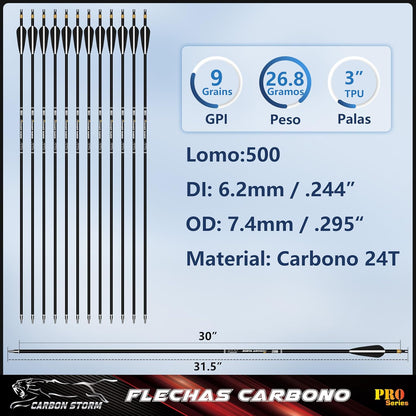 Flechas De Caza Arco Compuesto Y Arco Recurvado. Eje De Carbono De 30 Pulgadas, Espina 400/500 Con Puntas Removibles. Paquete De 12 Unidades