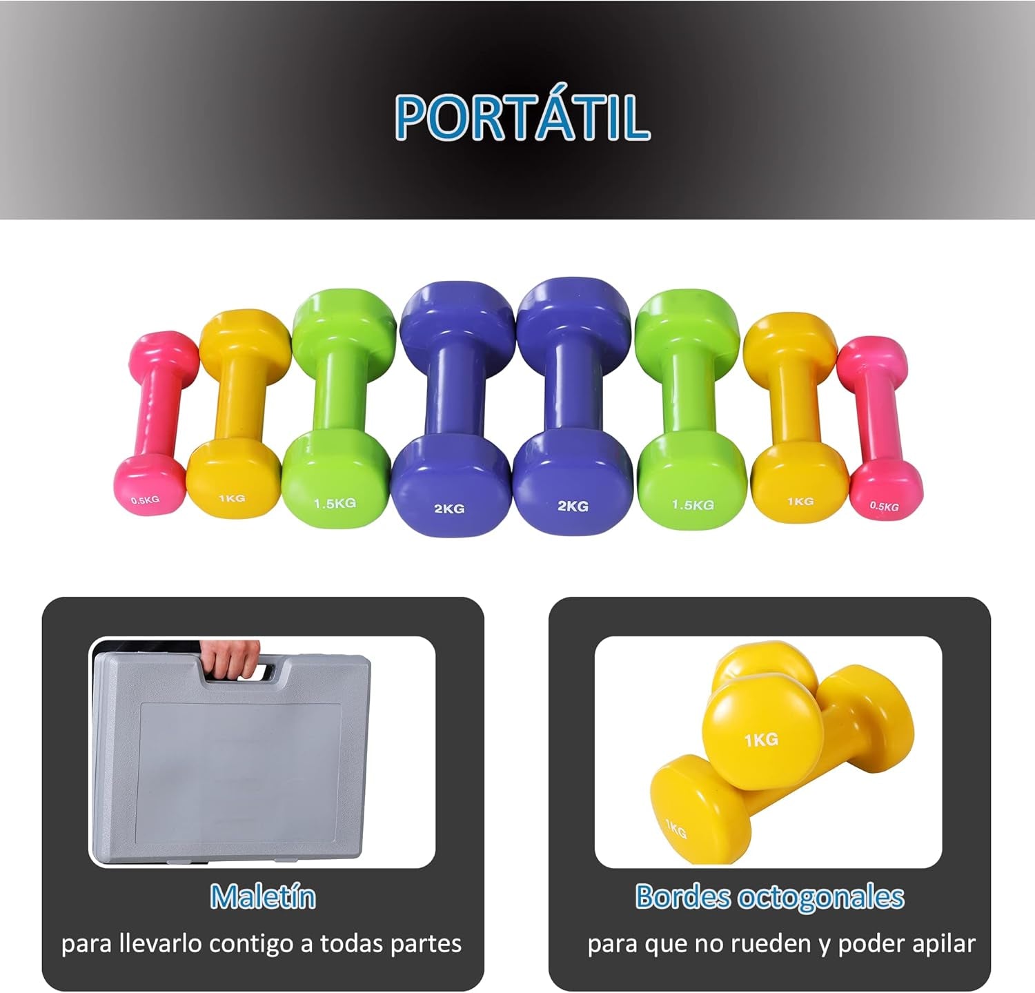 HOMCOM Juego De 8 Mancuernas Portátil 4 Pares De 0.5Kg 1 Kg 1.5 Kg 2Kg Caja Exterior Para Gimnasio Ejercicios Entrenamiento En Casa Metal 41X30X8 Cm Multicolor