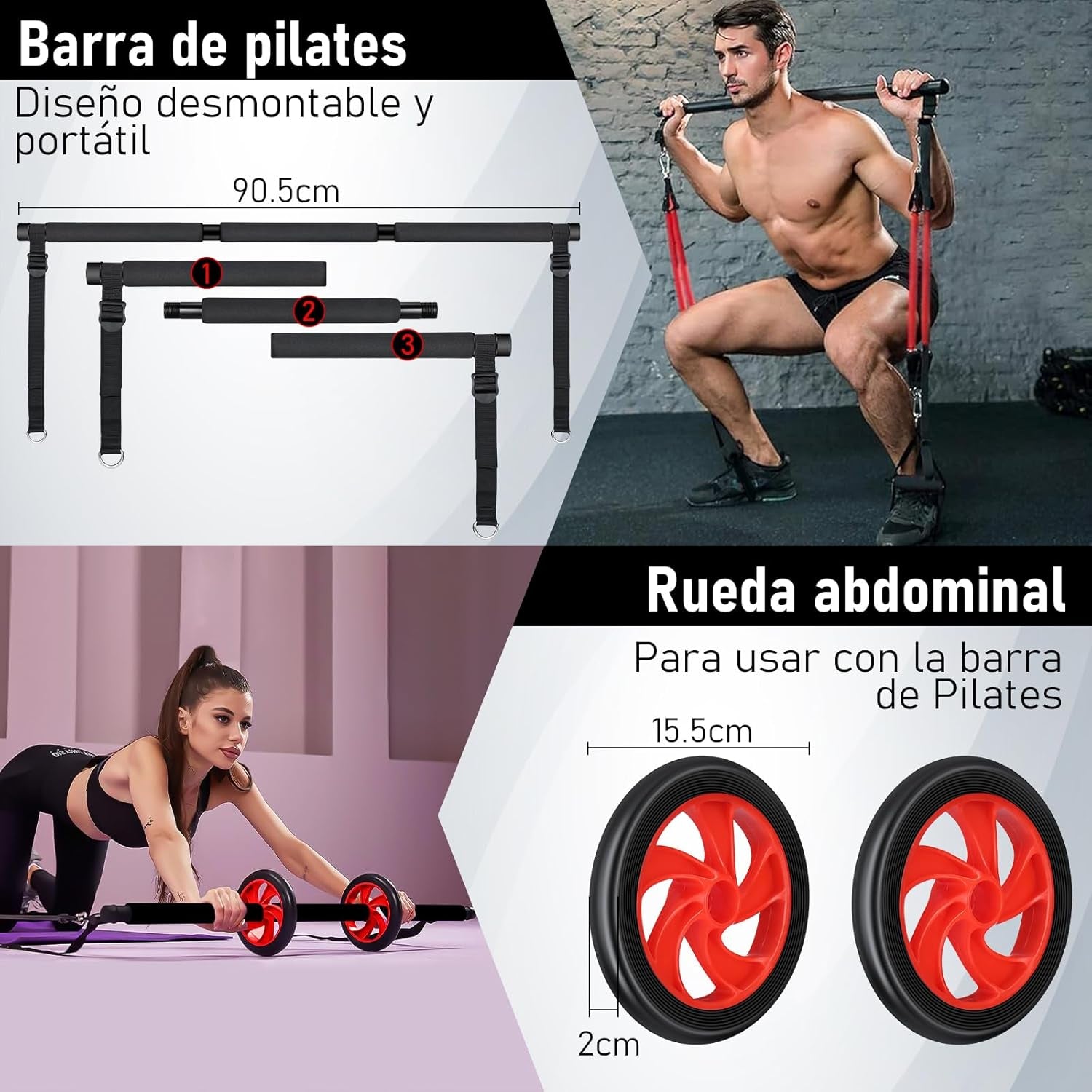 HSYFUNA 8 Gomas Elasticas Musculación (20/30/40/50Lbs) Con Barra De Pilates, Ruedas Abdominales, Anclaje Para Puerta, Correas Para Tobillos, Mango, Kit Pilates Para Fitness En Casa, Gym