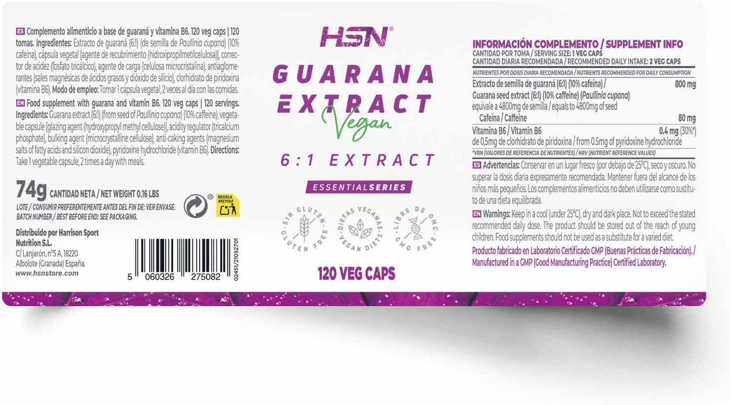 Extracto De Guaraná 800 MG - Paullinia Cupana - De HSN | 120 Cápsulas Vegetales 4800 MG Equivalencia Semillas De Guarana Por Dosis Diaria | 6X Veces Más Concentrado | No-Gmo, Vegano, Sin Gluten