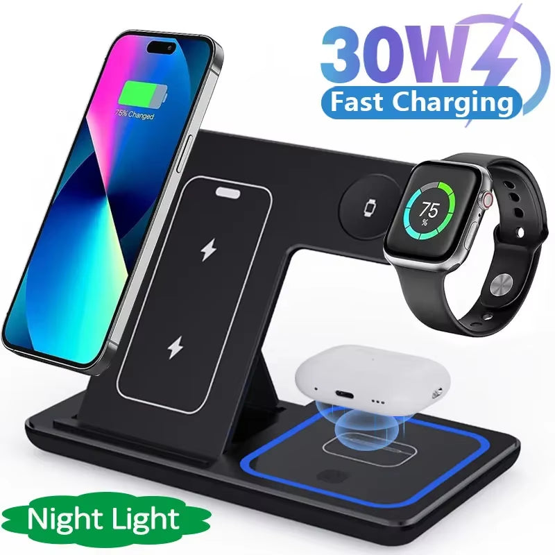 30W LED Fast Wireless Charger Stand 3 in 1 Foldable Charging Station for Iphone 15 14 13 12 11 Apple Watch 9 8 7 6 5 Airpods Pro