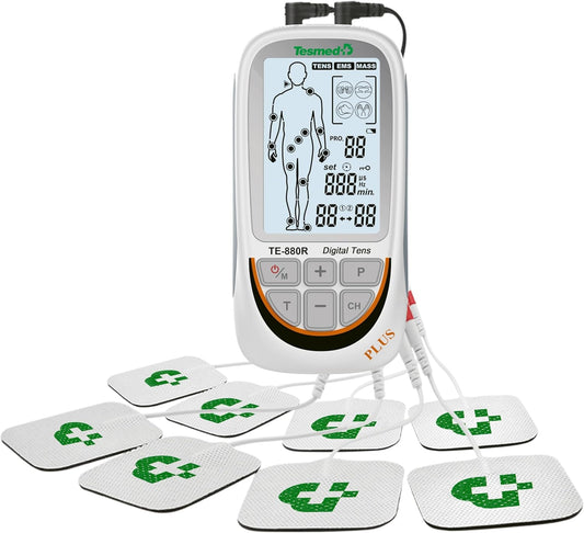 TESMED TE-880R plus Electroestimulador Muscular Recargable, EMS, TENS, Masaje - 73 Programas Incluidos 2 Personalizables - Funciona Con 8 Electrodos