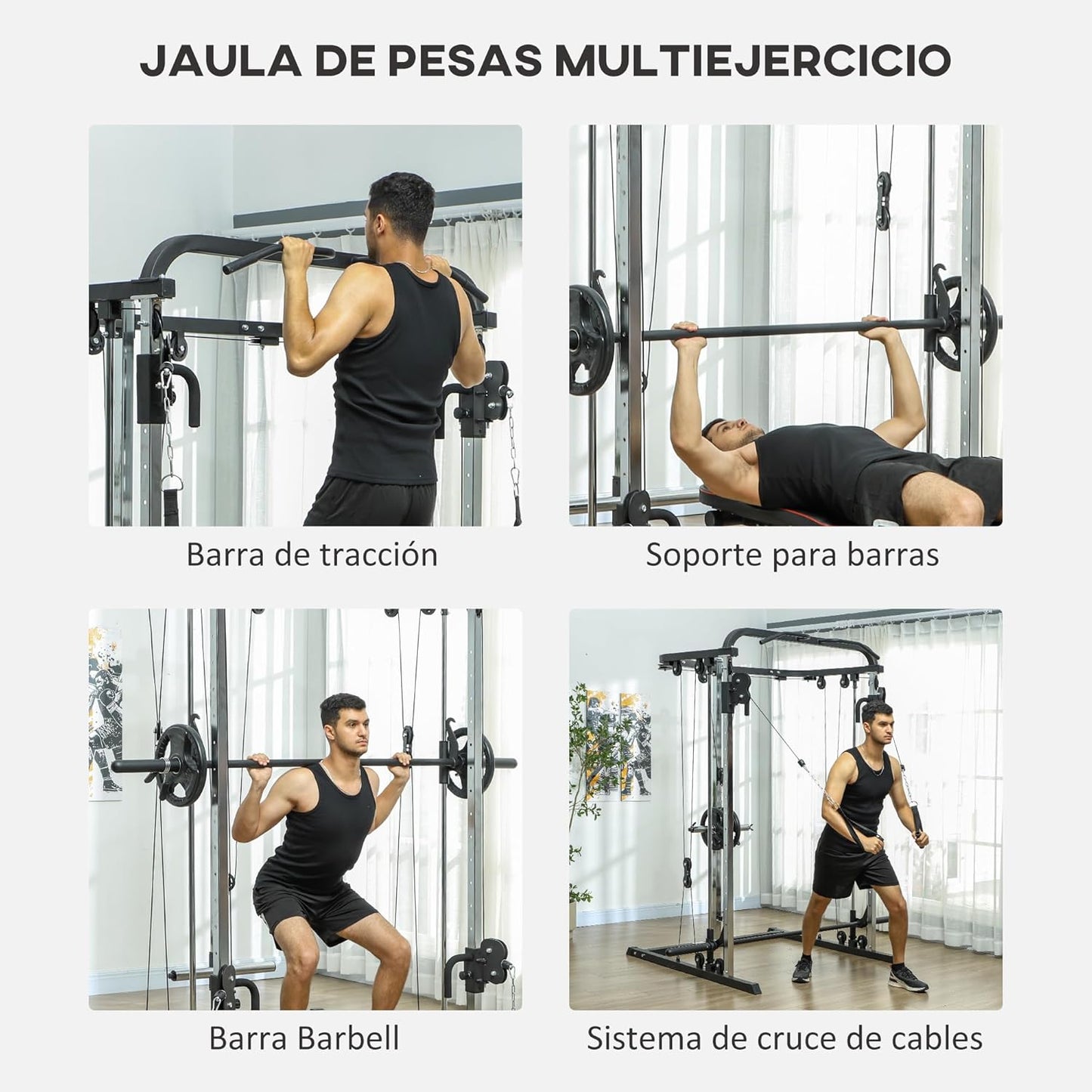 SPORTNOW Smith Machine Multiestación De Musculación Máquina Multifunción De Musculación Con Soporte Para Sentadillas Y Barra Para Pesas Para Entrenamiento Fitness En Hogar Negro