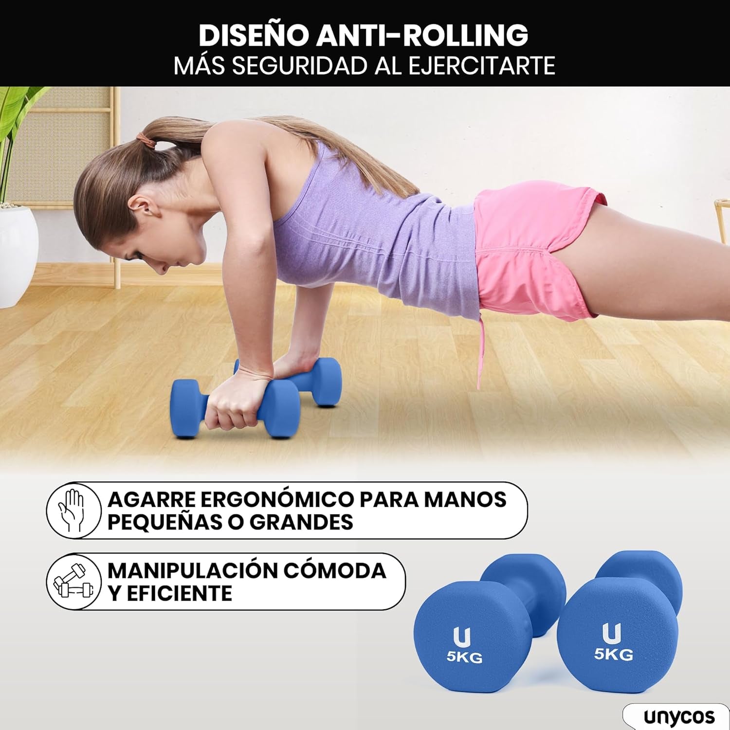 Unycos - Pesas Y Mancuernas Antideslizantes【Hierro | Neopreno】De 1 Kg a 10 Kg - Suaves Al Tacto Para Hombres Y Mujeres, Diseño Ergonómico, Anti-Rodadura, Gimnasio En Casa, Fitness