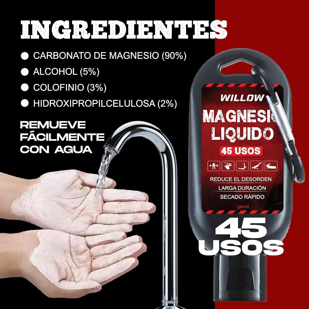 Willow ® Magnesio Líquido 250ML + 50ML | Magnesio Escalada | Tiza Líquida | Agarre Crossfit | Liquid Chalk | Calistenia Gym Halterofilia Padel Manos