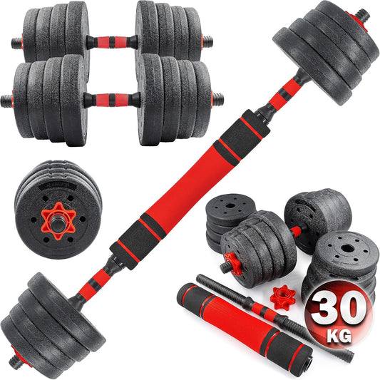 C.P.Sports 2In1 Juego De Mancuernas Y Barras De 30Kg | 4X 1,25Kg - 4X 1,5Kg - 4X 2,0Kg - 4X 2,5Kg Pesas - 2X Mangos | Placas De Plástico Para Entrenamiento Con Pesas, Fitness, Gimnasio En Casa | 4 Colores