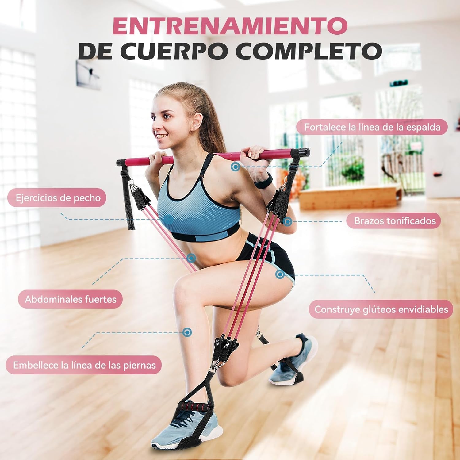 Barra De Pilates,  Barra Pilates Hecha De Hierro Con 4/6 Bandas Elástica De Resistencia De 20-180LBS / 30-240LBS / 50-360LBS, Fitness En Casa Para Mujer