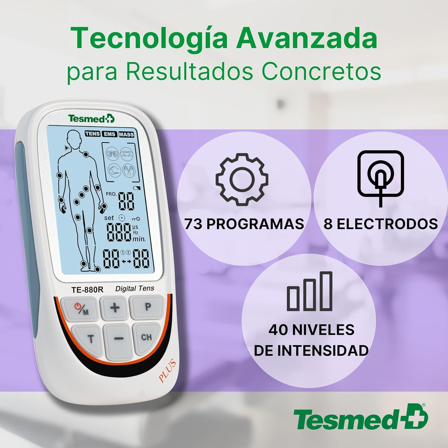 TESMED TE-880R plus Electroestimulador Muscular Recargable, EMS, TENS, Masaje - 73 Programas Incluidos 2 Personalizables - Funciona Con 8 Electrodos