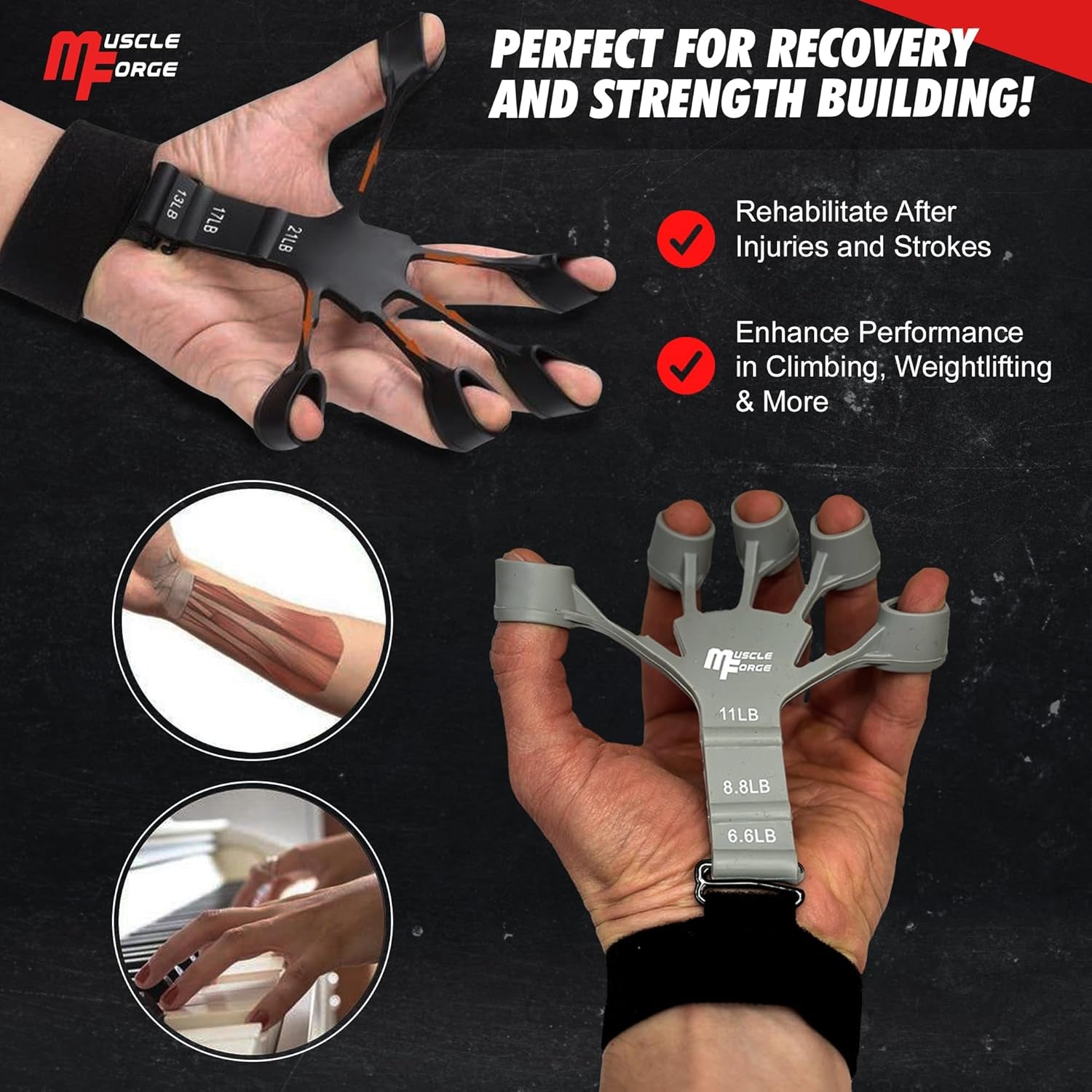 Muscleforge® Finger Trainer, Extensor De Dedos De Silicona Para Fortalecer El Agarre, Ejercitador Con 3 Niveles De Ajuste 6-11 Lbs, Fortalecedor De Agarre De Antebrazos Y Dedos, Agarre De Manos