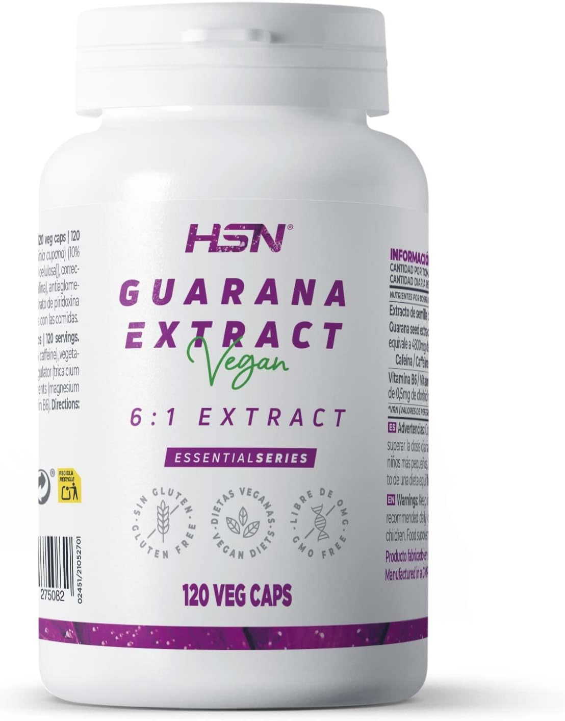 Extracto De Guaraná 800 MG - Paullinia Cupana - De HSN | 120 Cápsulas Vegetales 4800 MG Equivalencia Semillas De Guarana Por Dosis Diaria | 6X Veces Más Concentrado | No-Gmo, Vegano, Sin Gluten