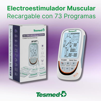 TESMED TE-880R plus Electroestimulador Muscular Recargable, EMS, TENS, Masaje - 73 Programas Incluidos 2 Personalizables - Funciona Con 8 Electrodos