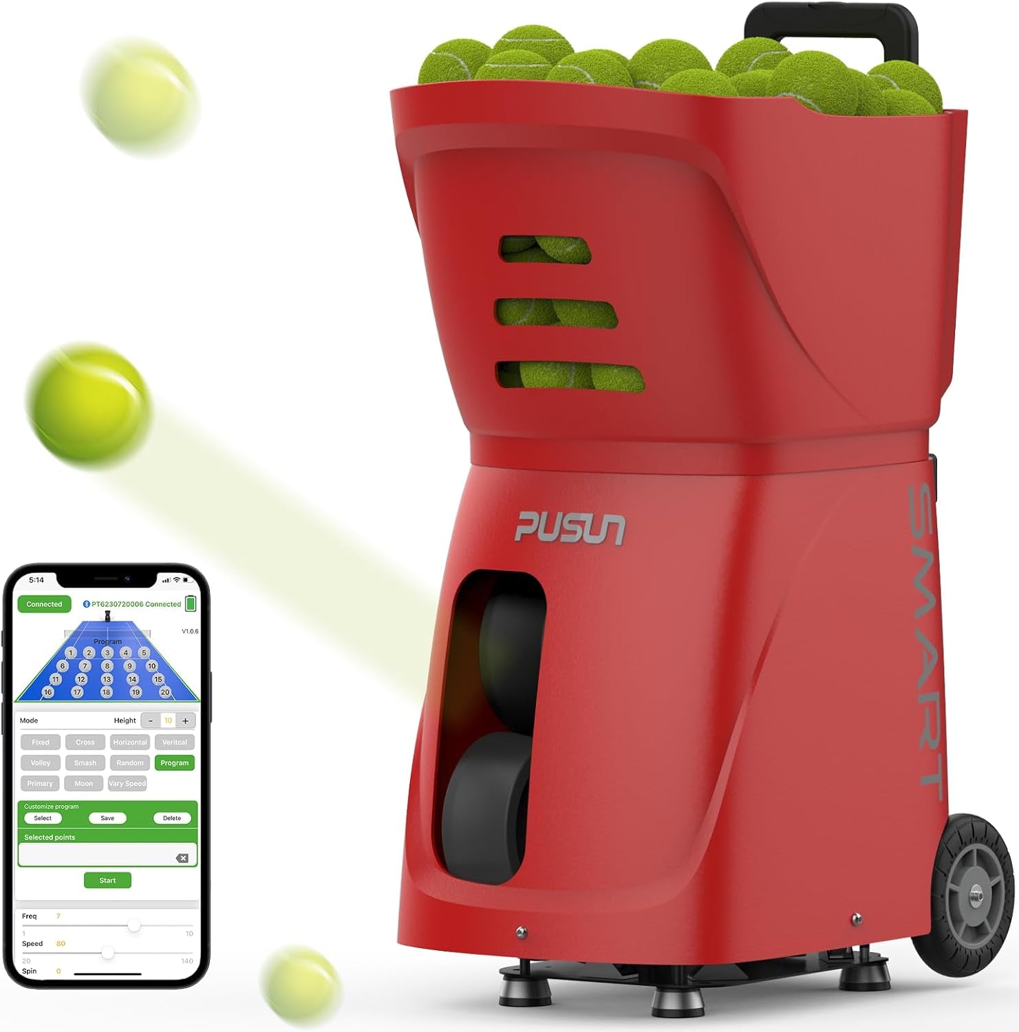 Pt-Smart - Máquina De Pelotas De Tenis, Lanzador De Pelotas De Tenis De Todos Los Niveles, Aplicación Inteligente Y Control Remoto, Múltiples Modos De Entrenamiento, Más De 100 Pelotas, Tiempo