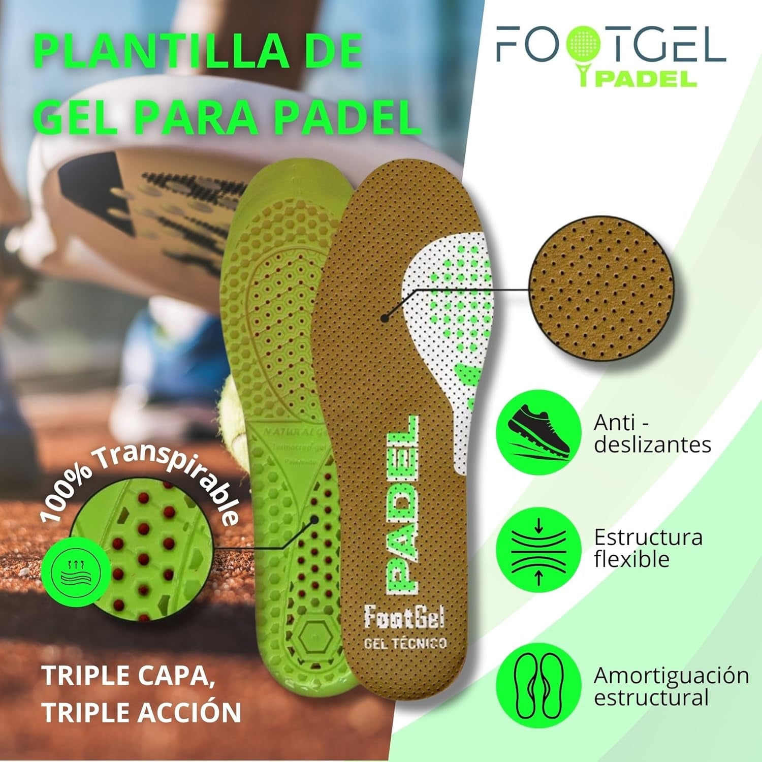 -Plantillas De Gel Deportiva Para Padel,Si Eres Jugador De Pádel, Protégete Del Riesgo De Lesiones, Alivia El Dolor En Pies, Rodillas, Lumbares Y Consigue Ventaja En Los Partidos. (43 47)